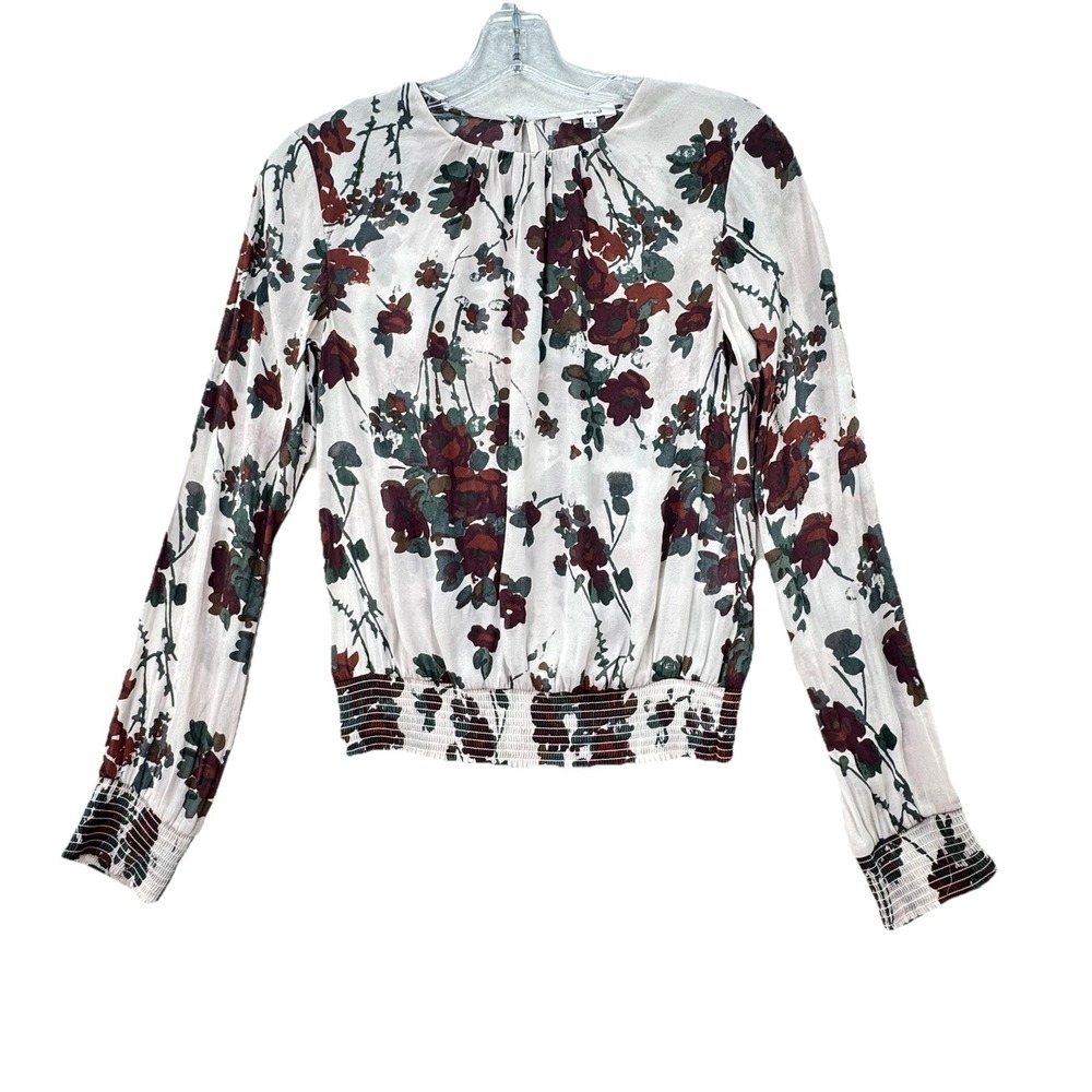 Wilfred Aritzia Floral Print Smocked LS Top Women's 0 Semi Sheet Keyhole Neck